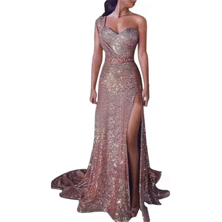 ODM custom supplier wholesale permed single shoulder sexy ladies glamour sequined evening dresses