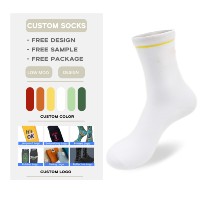 Chaussettes mi-hautes unisexes minimalistes en coton respirant, écologiques, blanches avec accents jaunes, personnalisables avec logo