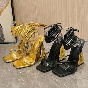 Triangle Fashion Sandalias Elegantes Strappy Summer Square Toe <b>Block</b> 2025 Gold Heel for Women - Product Image 3