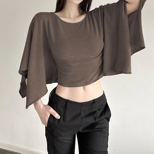 Women's Brown Batwing Sleeve Crop Top, Casual Loose Fit Boat Neck Blouse, Soft Comfy Daily Short Sleeve Top - Product Image 5