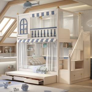 DK Kids Modern Wood Bunk Bed Bedroom Loft Parallel Twin-Over-Twin Parent-Child Double Layer Same Width Upper Lower Space-Saving - Product Image 1