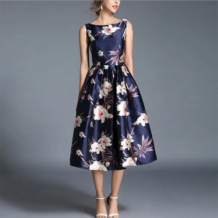 2021 Lady women clothing fashion dark blue color floral printed sleeveless mini evening dresses