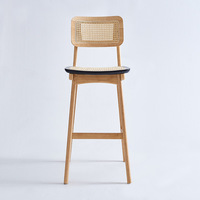 Tabouret de bar moderne en bois, tabourets hauts en bois massif avec assise et dossier en rotin, pour restaurant et bar