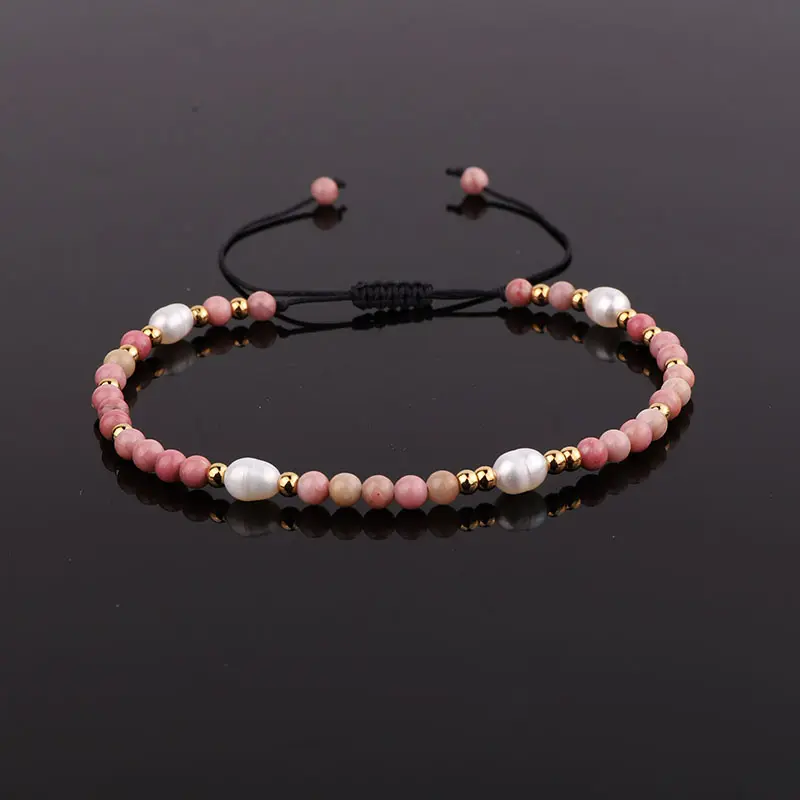 High Quality New Cute Design 3mm Gemstone Jewelry Freshwater Pearl Stainless Steel Beads Macrame Adjustable Bracelet For Women