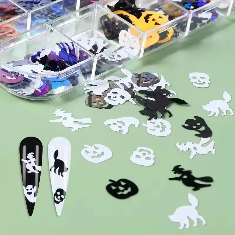 12 irmik PET cadılar bayramı Nail Art Sequins hayalet cadı Glitter plastik kafatası örümcek kabak pullu süs dekorasyon