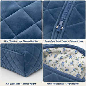 Pochette de maquillage en velours <span class=keywords><strong>bleu</strong></span> doux avec logo personnalisé, grande capacité, organiseur de voyage portable pour le rangement du sèche-cheveux - Product Image 3