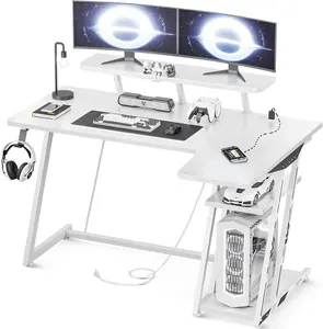 Kar beyaz L şekli oyun bilgisayarı masaları köşe oyun bilgisayarı masa güç çıkışı ile oyun masa PC depolama raf