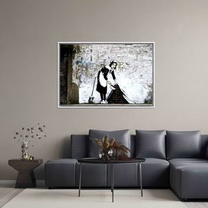 Banksy Graffiti Woman Printed <b>Canvas</b> Art: Modern Wall Decor,WHITE <b>FRAMED</b> <b>CANVAS</b> - Product Image 3