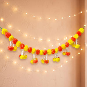 Floral <b>Paper</b> Pom Pom Garland Yellow <b>Red</b> Diwali Home Decor Wall Hanging Bohemian Style Single Piece - Product Image 1