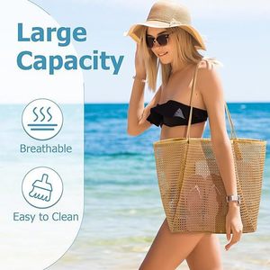 Bolso de playa de malla tipo panal plegable para mujer, bolso de hombro ligero y transpirable con bolsillo interior con cremallera para vacaciones en la piscina - Product Image 6