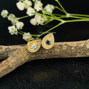 14K Solid Gold Natural Sapphire Stone Pear Shape Stud <b>Piercing</b> Fine Jewelry. - Product Image 3