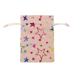 Sac de Noël en chanvre avec poignée en corde et impression dorée, sac à bonbons de Noël en coton et lin avec cordon de serrage, pochette cadeau festive - Product Image 4