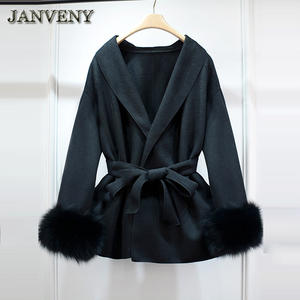 Giacca Invernale di Media Lunghezza in Cashmere da Donna JANVENY con Maniche con Inserti in Vera <span class=keywords><strong>Pelliccia</strong></span> di Volpe Naturale e Revers in Tinta Unita <span class=keywords><strong>Cappotto</strong></span> di Lana con Cintura - Product Image 2