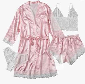 Chemise de nuit en gros, pyjamas quatre pièces, robe en satin respirante avec dentelle, vêtements de maison, satin de soie, robe de nuit sexy pour femmes, ensemble de vêtements de nuit - Product Image 6