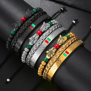 Pulseira de aço inoxidável luxuosa C&J, joia de zircônia com contas de leopardo para homens, conjuntos de pulseiras trançadas personalizadas de <span class=keywords><strong>macrame</strong></span>, novo design - Product Image 2