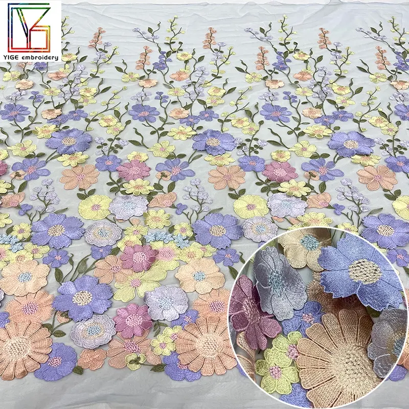 Benutzer definierte Großhandel Design Braut Stickerei Tüll Brautkleid Netz Applique Mesh Floral 3D Flower Lace Stoff