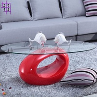 Mesa de Centro Elegante para Sala de Estar, Mesa de Centro Moderna con Tapa de Vidrio, Mesa de Té Elíptica de Fibra de Vidrio