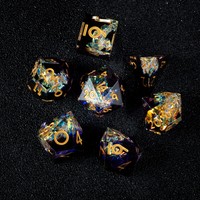 Ensemble de 7 dés polyédriques DND en résine noire à bords vifs, faits à la main, avec paillettes et feuille irisée, pour jeux de rôle sur table
