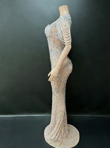 Robe de soirée formelle pour femmes, ornée de perles et de strass, dos nu en maille transparente, tendance - Product Image 3