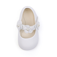 Chaussures plates de ballet personnalisées OEM pour bébés filles, style Blanche-Neige, à bout rond fermé, avec nœud scintillant et breloque perle pendante, pour baptême et gala