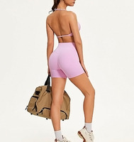 Ensemble soutien-gorge de sport et short cycliste pour femme avec coussinets intégrés, bretelles réglables, taille haute, poche pour téléphone, effet froncé, tenue de sport
