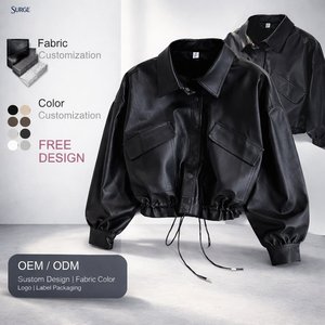 Veste Courte <span class=keywords><strong>Femme</strong></span> Personnalisée en Cuir PU Noir avec Boutons sur le Devant, Ourlet à Cordon et Col Rabattu, Manches Longues Bouffantes – Vente en Gros - Product Image 1