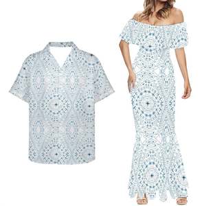 Robe <span class=keywords><strong>en</strong></span> queue de poisson Samoa personnalisée <span class=keywords><strong>en</strong></span> <span class=keywords><strong>Polynésie</strong></span> Ensemble deux pièces d'hibiscus et d'impression de feuilles jaunes pour couple de grande taille à la demande - Product Image 4