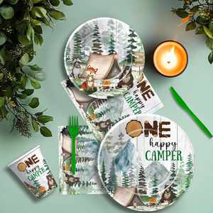 One Happy Camper 183-Piece Modern Birthday Party Supplies Includes Plates Napkins Cups Goodie Bags <b>Tablecloth</b> Banner Cutlery - Product Image 4