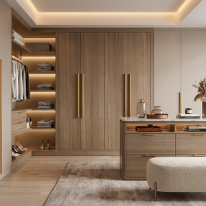 <span class=keywords><strong>Armoire</strong></span> de chambre à coucher en bois de luxe minimaliste moderne, grand rangement avec poignées dorées brossées - Product Image 4