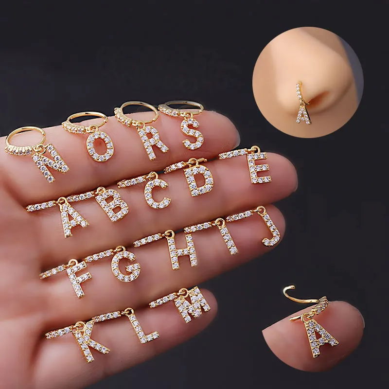 फैशन 8 MM 18K सोना मढ़वाया वर्णमाला झूलने नाक अंगूठी माइक्रो Inlaid जिक्रोन जेड 26 प्रारंभिक पत्र नाक की अंगूठी भेदी गहने
