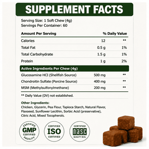 ยาเม็ดกลูโคซามีน คอนดรอยติน สำหรับสุนัข ผลิตตามมาตรฐาน US cGMP ช่วยบำรุงข้อต่อ สะโพก บรรเทาอาการปวดข้ออักเสบ เพิ่มความคล่องตัว อาหารเสริมสำหรับสุนัข - Product Image 4