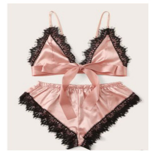 Conjunto de dos piezas de ropa de estar por casa de imitación de seda negra, estilo europeo y americano, a la moda y cómodo, al por mayor. - Product Image 3