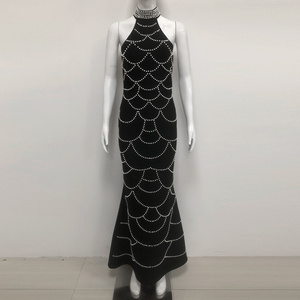 Abito lungo da sera nero elegante a sirena con perle personalizzate, vestito da ballo aderente, <span class=keywords><strong>abbigliamento</strong></span> da festa da donna, produttore - Product Image 2