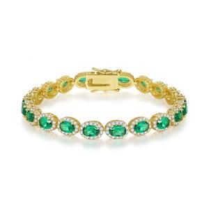 Pulseras de tenis de moda con cadenas de 8 pulgadas de cobre chapado en oro de 14K con joyería elegante de circón de corte ovalado Esmeralda - Product Image 1
