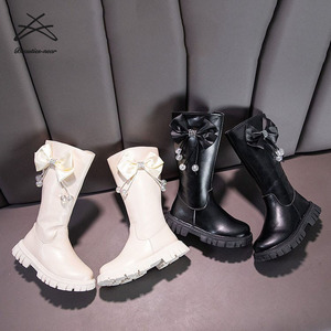 Nouvelles <span class=keywords><strong>Bottes</strong></span> Hautes pour Filles 2022, Mode Bébé Automne Hiver, Chaussures pour Enfants en <span class=keywords><strong>Cuir</strong></span> PU, Longueur Genou, Nœud Papillon Perlé, Style Doux - Product Image 3