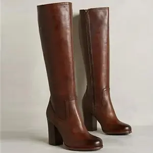 Mode rétro de haute qualité pour femmes, bottes à talons épais, cuissardes avec fermeture éclair latérale, bottes en cuir de couleur unie pour dames