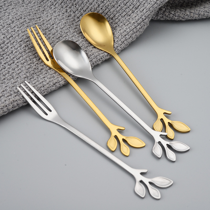 12CM Reusable Stainless Metal Flatware Dessert Teaspoon Colored Plated Two-Pronged Cake Fruit Forks with Leaf Handle WB07271
