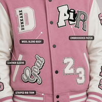 Veste de baseball rose pour homme, style universitaire, en mélange de laine personnalisé, avec manches en cuir, boutons-pression, rayures côtelées et patch brodé