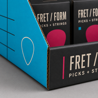 Boîtes de présentation PDQ en carton recyclable écologique avec pelliculage mat pour comptoir, promotion de packs de cordes de guitare et médiators, vente au détail