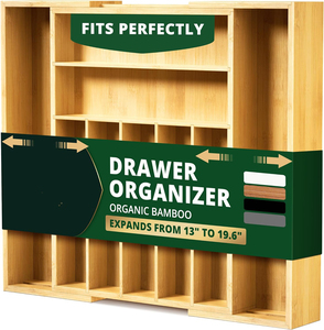 Organizador de Utensilios de <span class=keywords><strong>Cocina</strong></span> Multifuncional de Bambú, Rectangular, Expandible, con Divisor, Bandeja Plegable para Cubiertos - Product Image 1