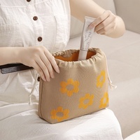 Tas Organizer Makeup Portabel Kapasitas Besar dengan Tali Serut, Motif Garis Warna Kontras, Kantong Penyimpanan Cinch-top
