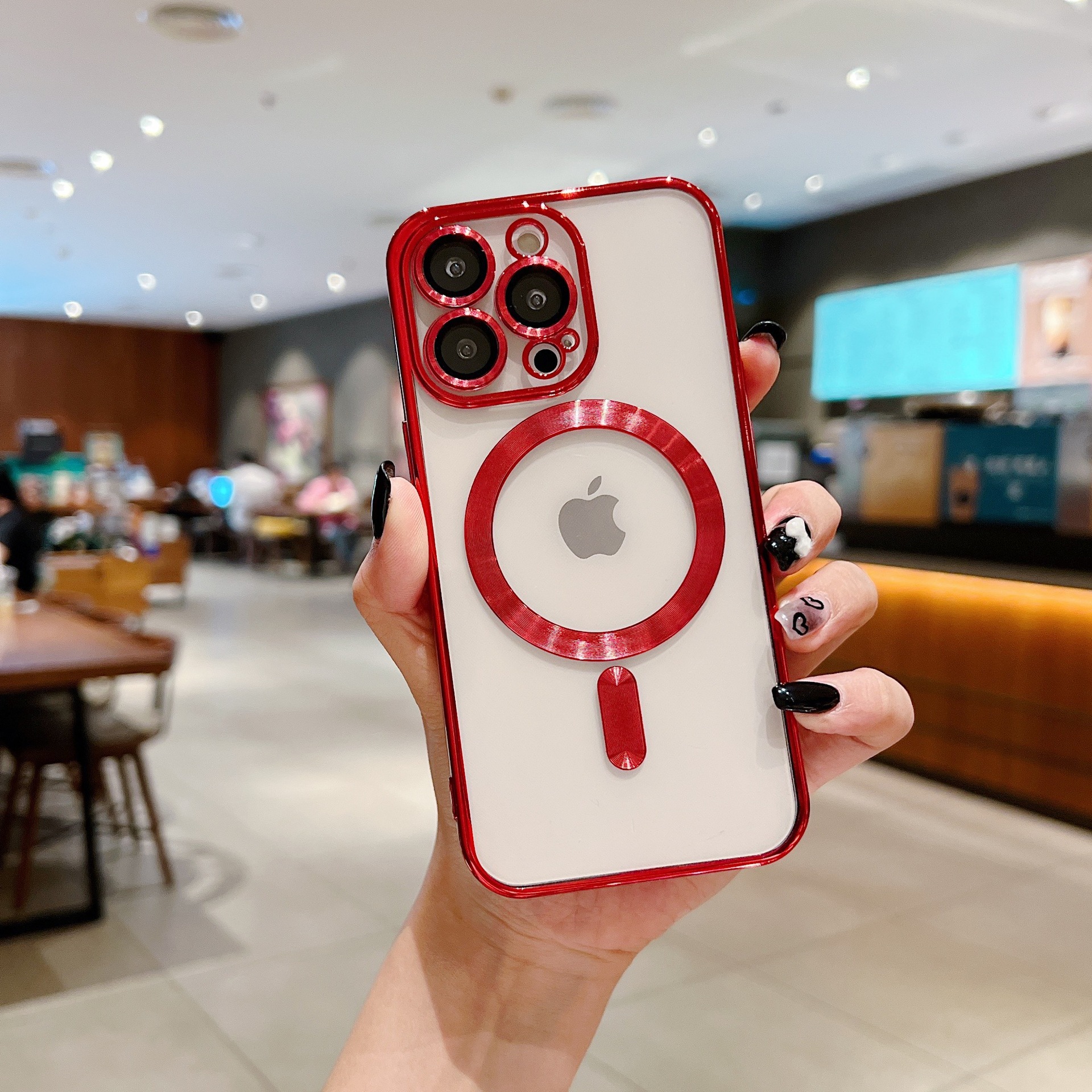 Coque magnétique à motif CD avec lentille en verre rouge.