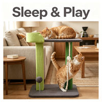 Arbre à chat en sisal vert avec plateforme, boule de jeu suspendue, lit de repos supérieur et zone de grattage latérale, tour pour chat d'intérieur
