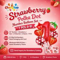 Lot de 7 ballons en aluminium à pois fraises et chiffres, avec emballage carte en papier, pour la décoration d'ambiance de fête d'anniversaire d'enfants - Vente en gros