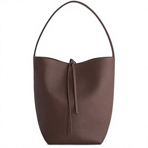 Women's Brown Genuine <b>Leather</b> Bucket <b>Bag</b> <b>Soft</b> Handle String Closure Modern Style Daily Use - Product Image 1