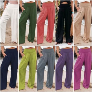 Pantalon long ample en coton et lin pour femme, taille élastique, couleur unie, respirant, idéal pour l'été et le printemps, parfait pour les vacances - Product Image 2