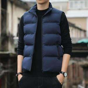 Men's <b>Navy</b> Blue Stand Collar Puffer Vest Zipper Closure Windproof Casual Winter Outer Wear With Pockets - Product Image 4