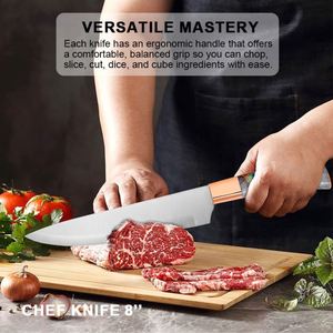 ชุดมีดครัวเคลือบสารกันติดแบบใหม่ล่าสุด ด้ามจับดีไซน์พิเศษ ผลิตจากสแตนเลส ประกอบด้วยมีดปังตอ มีดหั่นขนมปัง มีดซันโตะกุ มีดเชฟ พร้อมกล่องของขวัญสีสันสวยงาม - Product Image 4