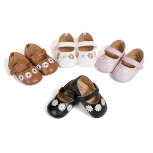 Sapatos de bebê com sola de borracha floral pu, calçados para bebês, calçados para bebês e princesas, sapatos de bebê Mary Jane