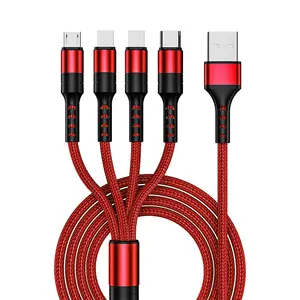 Wholesale 4in1 2.4A charging cable double IOS Type C Cable nylon braid Multiple Micro type-c USB Charging Data Cable